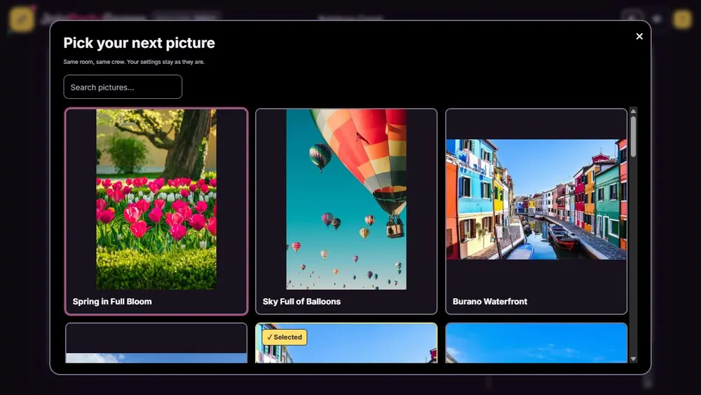 Puzzle picker showing large picture cards, a search box and the selected-picture badge